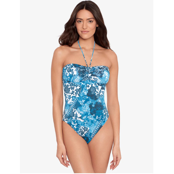 LAUREN RALPH LAUREN Halter Bandeau One Piece Swimsuit 10 Blue Patchwork NWT - Picture 1 of 11